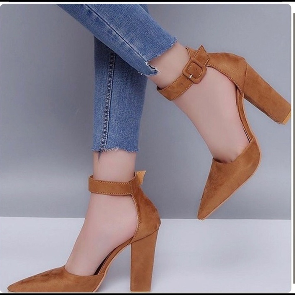 Pointed Toe Plain Chunky High Heel Ankle Buckle